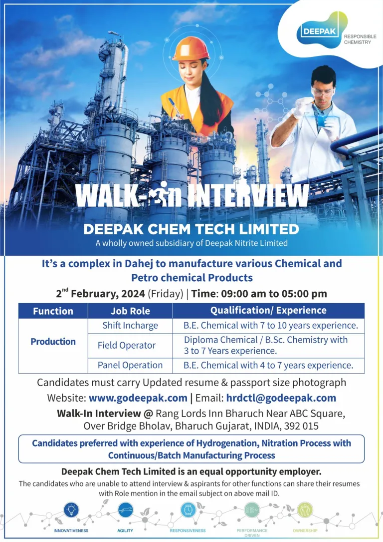 Deepak Chem Tech Ltd - Walk-In Interviews on 2nd Feb 2024